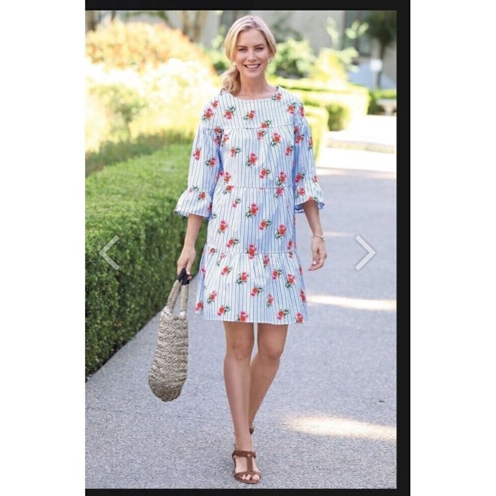Kaktus Dress Tiered Floral Stripes Bell Sleeve Small Cottage Core Spring Summer